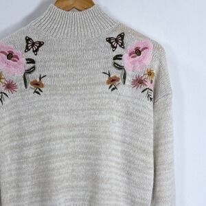 Cloud Chaser Womens XS Mock Neck Sweater Embroidered Flowers Butterflies Cottage